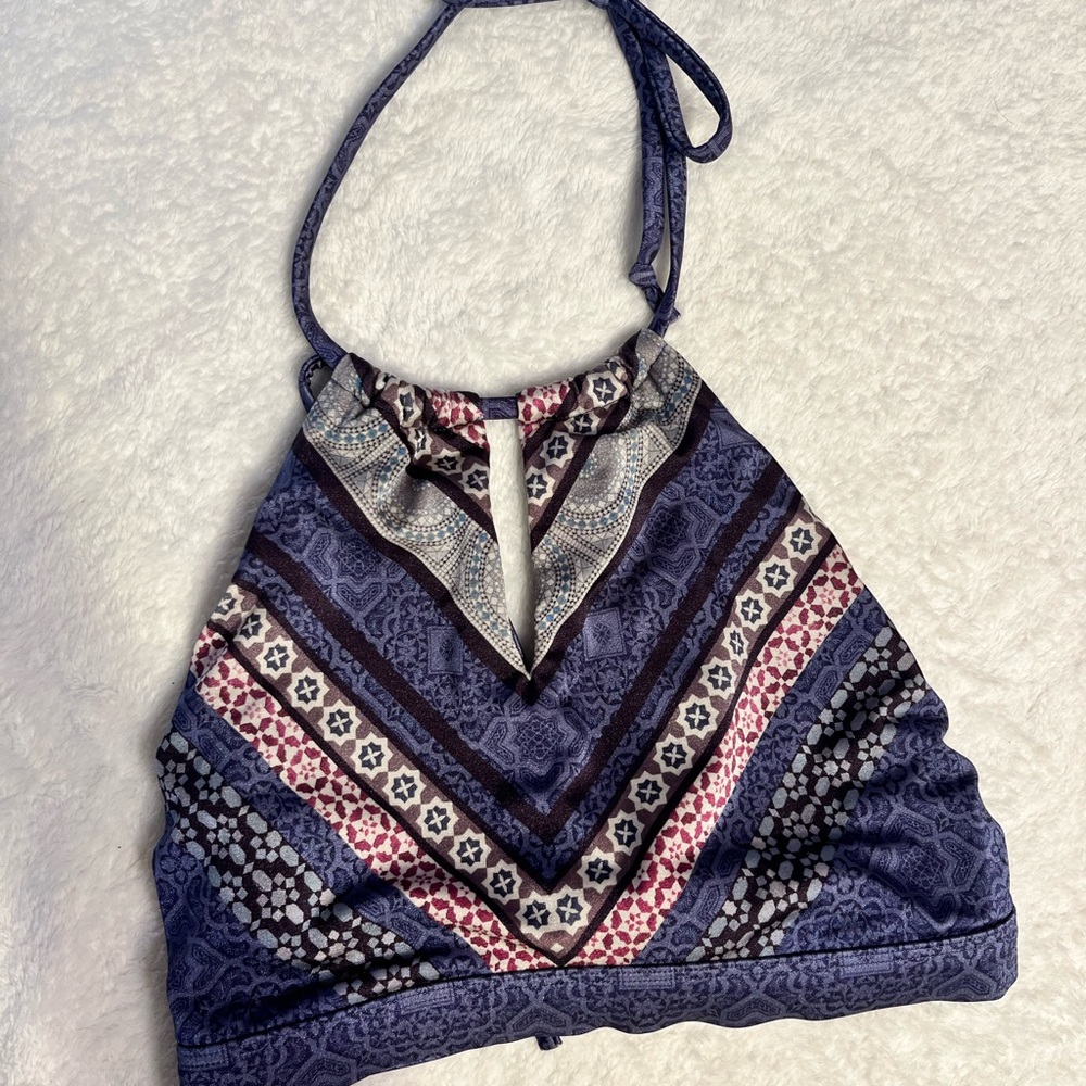 Athleta Navy, Purple and Pink Halter-Style Printed Bikini Top